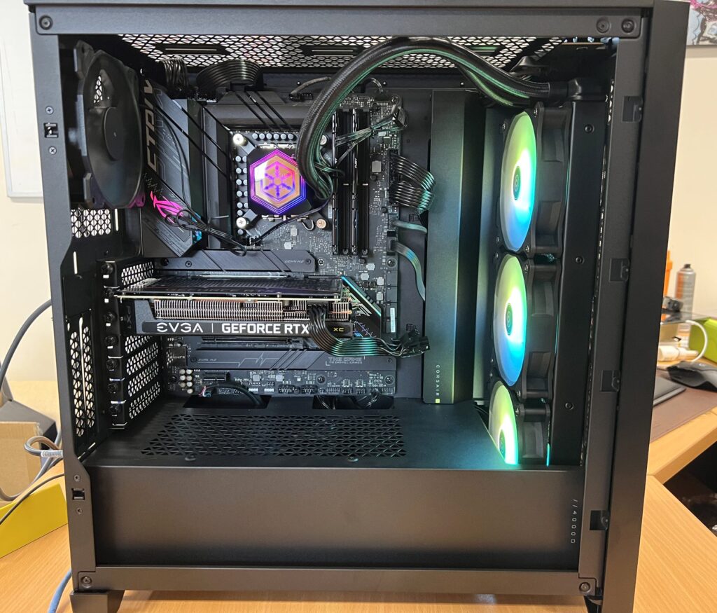 Finished custom gaming PC with RGB lighting and an EVGA GeForce RTX graphics card