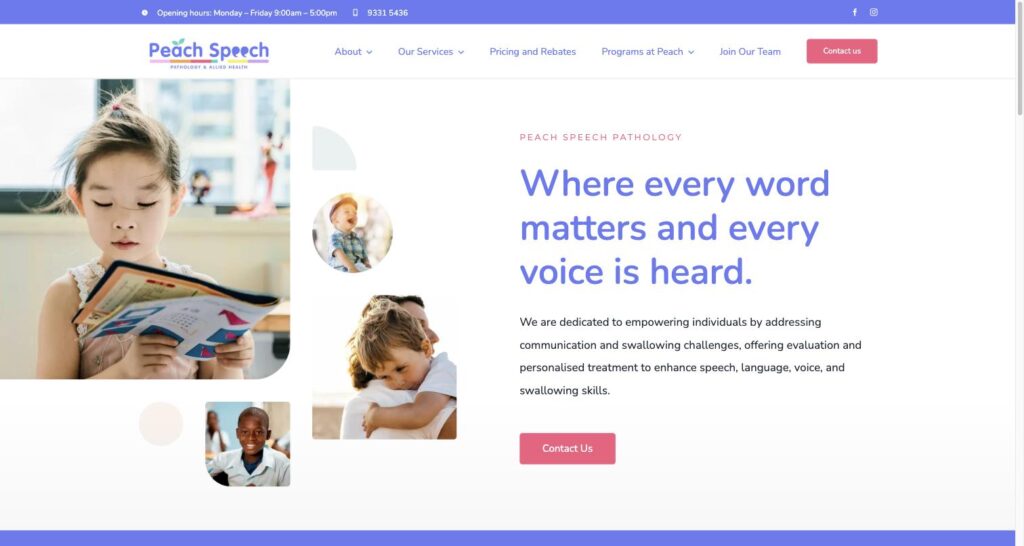Peach Speech Pathology website homepage